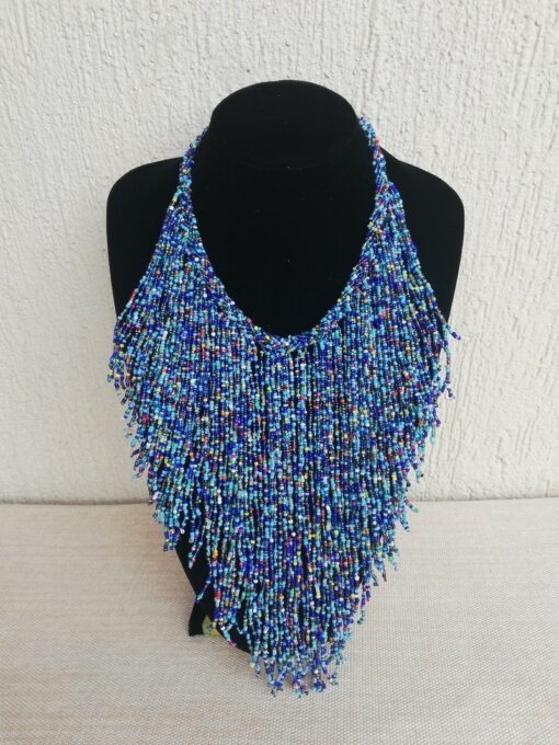 African Beaded fringe necklace handmade fabric