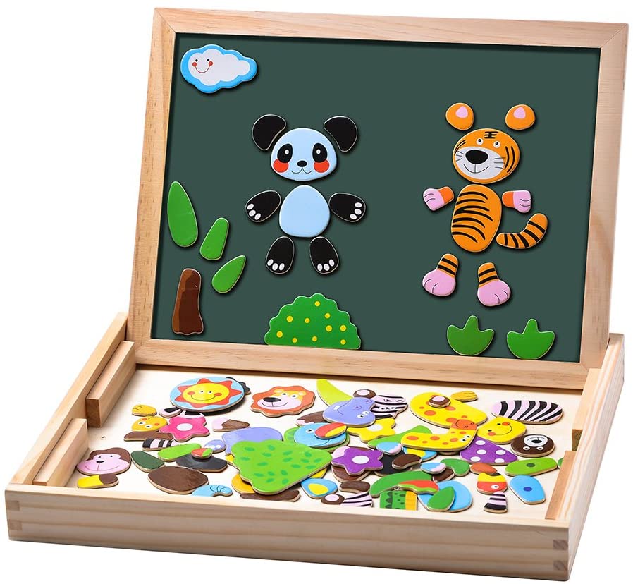 MOVEONSTEP Magnétique Puzzles Éducatifs en Bois Jouet 100 PCS Double Face  Magnétique Planche à Dessin avec 3 Couleur Marque Stylos pour Enfants Âge  3+ (Panda)