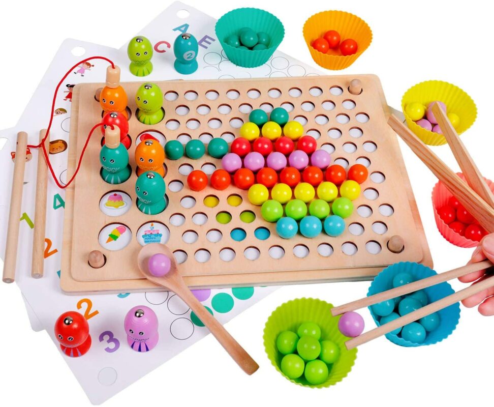 Jouet Montessori en Bois 4 en 1 Jeu de Société Jeu de Clip Perles Pêche  Magnétique Jeux Éducatif Puzzle Bois Interactif Cadeau pour Enfants 3 4 5 6 Ans  Fille Garçon