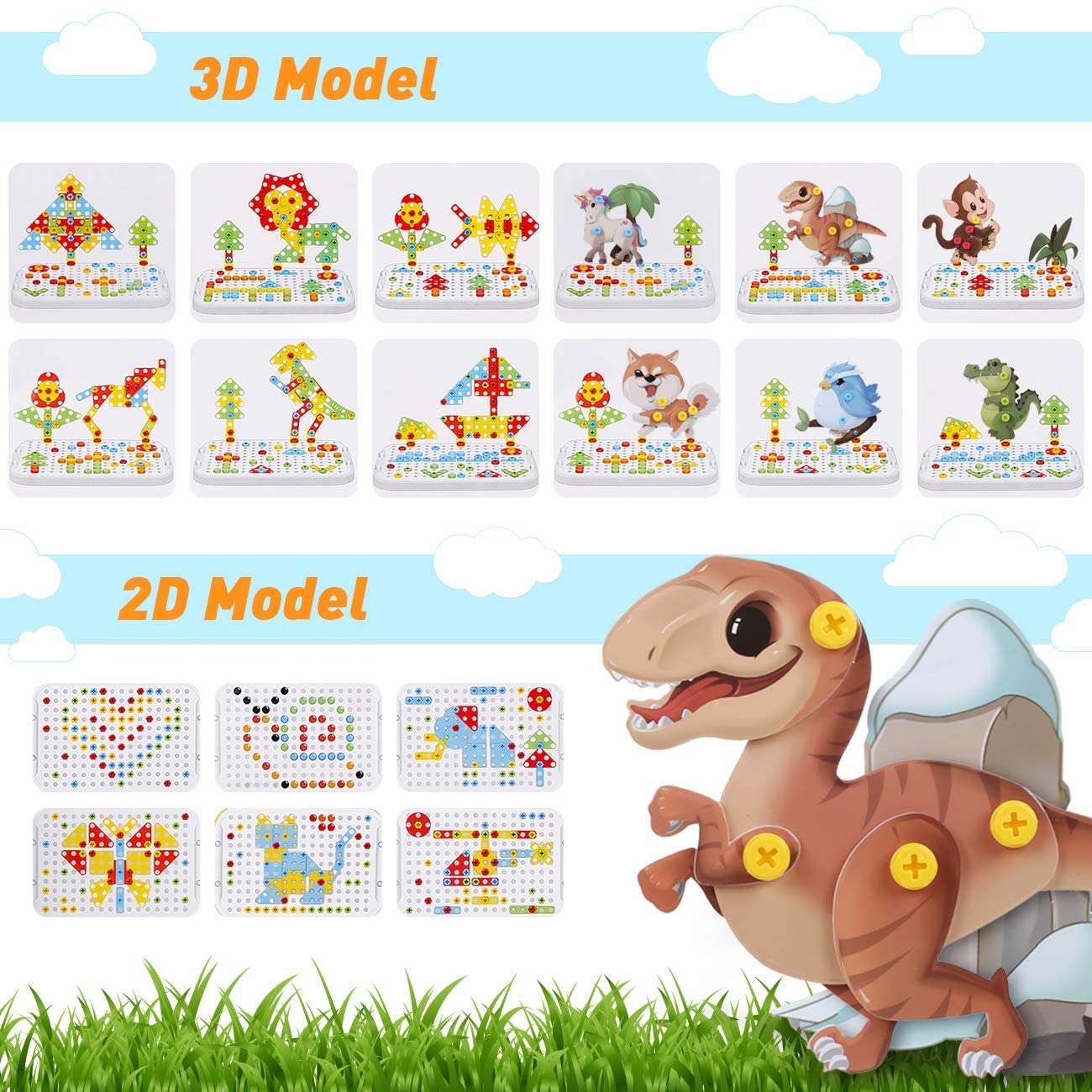 Puzzle Jouet Enfant 2 3 Ans,Jouet Enfant Mosaique Loisir Creatif avec 46  Boutons et 12 Cartes de Gabarit,Sûrs et Robustes Montessori pour Garçons
